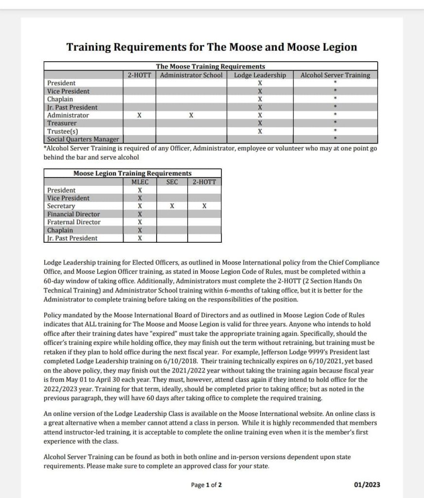 Lodge and Moose Legion Training Requirements